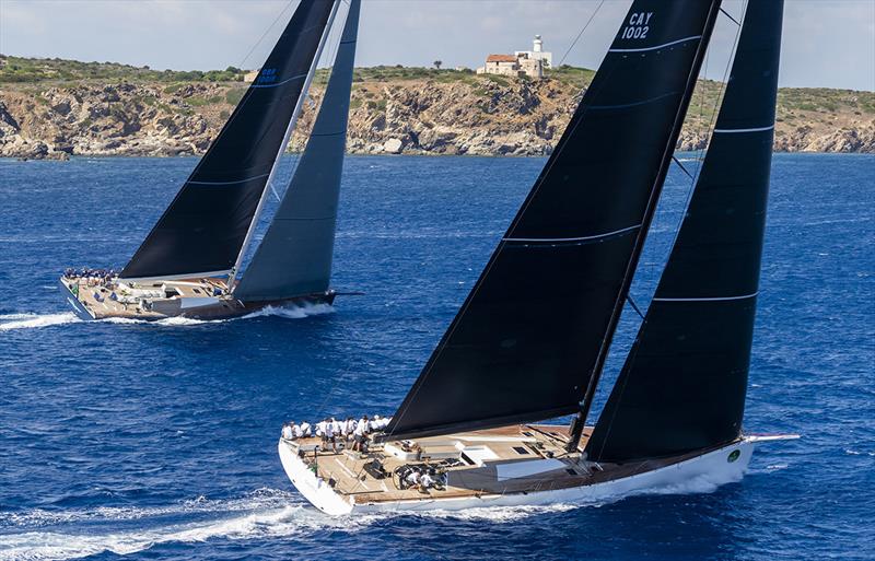 Sir Lindsay Owen-Jones's Magic Carpet Cubed and David M. Leuschen's Galateia fight it out in the Wally class - Maxi Yacht Rolex Cup 2018 photo copyright Rolex / Studio Borlenghi taken at Yacht Club Costa Smeralda and featuring the Maxi 72 Class class
