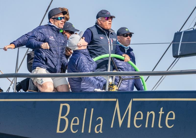 The afterguard of Bella Mente Racing includes Mike Sanderson (far left) and owner Hap Fauth (steering) photo copyright Rolex / Daniel Forster taken at New York Yacht Club and featuring the Maxi 72 Class class