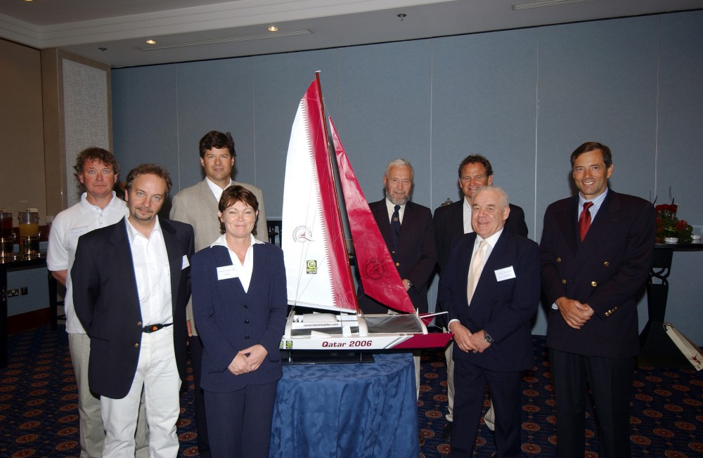 From left to Right (back), Herve Jan, Cam Lewis, Sir Robin Knox-Johnston, Ross Field, David Scully (front) Louis-Noel Vivies, Tracy Edwards MBE, Tony Bullimore at the first Oryx Cup Teams Conference photo copyright Mike Noel-Smith taken at  and featuring the  class