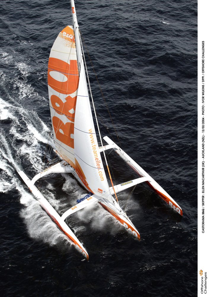 Ariel view of Ellen's B&Q trimaran sailing under 1 reef photo copyright Ivor Wilkins / DPPI taken at  and featuring the Maxi Cat class