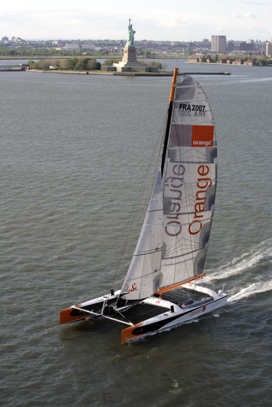 Orange II sets off from New York on their Atlantic record attempt photo copyright Billy Black / Orange Sailing Club taken at  and featuring the Maxi Cat class