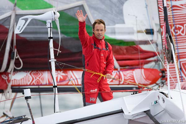 The maxi-trimaran Sodeb’O crossed the start line of the solo round the world record attempt photo copyright Th. Martinez / Sea&Co / www.thmartinez.com taken at  and featuring the Maxi Cat class