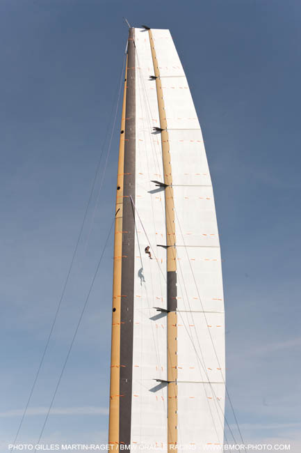 BMW ORACLE Racing set the wingsail on BOR 90 for the first time photo copyright Gilles Martin-Raget / BMW ORACLE Racing taken at  and featuring the Maxi Cat class