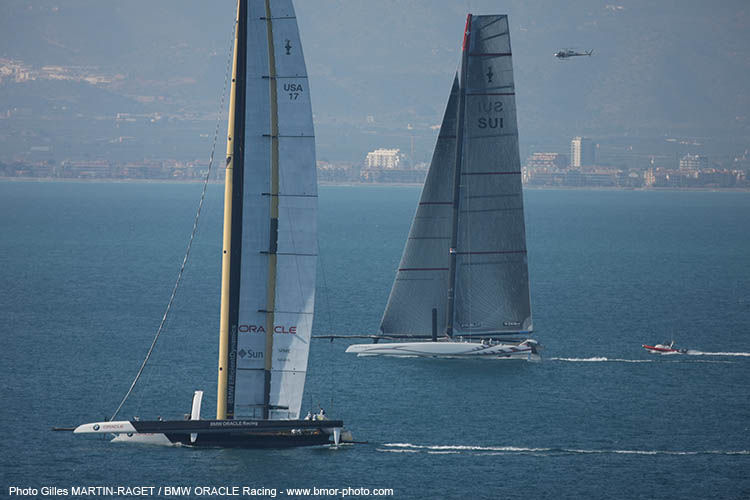 BMW Oracle Racing win the first race of the 33rd America's Cup photo copyright Gilles Martin-Raget / BMW Oracle Racing taken at  and featuring the Maxi Cat class