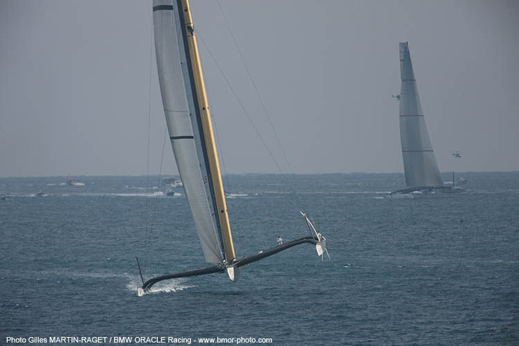 BMW Oracle Racing win the first race of the 33rd America's Cup photo copyright Gilles Martin-Raget / BMW Oracle Racing taken at  and featuring the Maxi Cat class