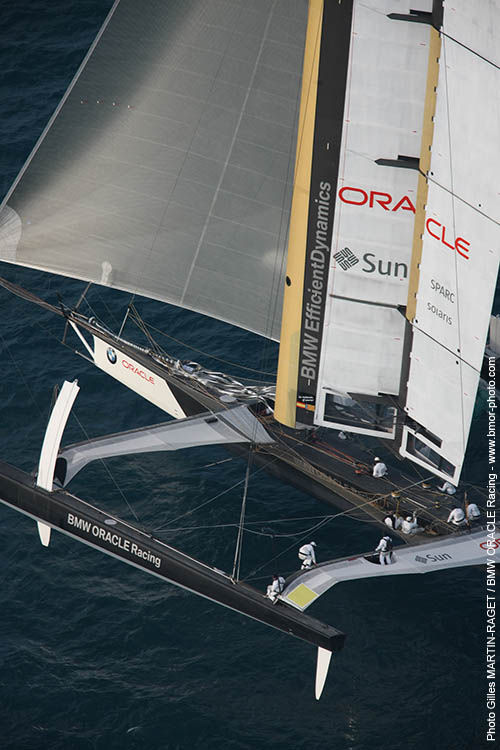 BMW Oracle Racing win the first race of the 33rd America's Cup photo copyright Gilles Martin-Raget / BMW Oracle Racing taken at  and featuring the Maxi Cat class