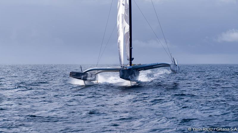 The foiling 32 metre long 23 metre beam trimaran Edmond de Rothschild  photo copyright Team Gitana taken at  and featuring the Maxi Cat class