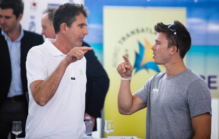 A bit of friendly rivalry at the  the RORC Transatlantic Race press conference, Brian Thompson/Phaedo 3 (left) and Ned Collier-Wakefleld/Concise 10 photo copyright Team Phaedo taken at  and featuring the Maxi class