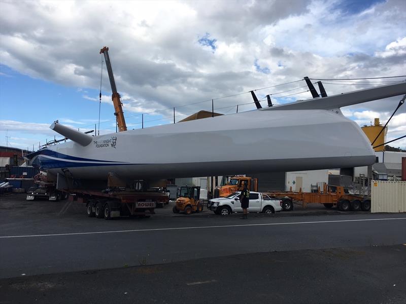 Ludde Ingvall's Super Maxi 'CQS' emerges from the boatbuilder's shed in Tauranga, New Zealand - photo © John Roberson