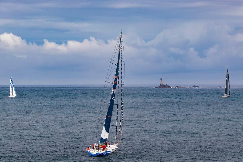 IMOCA 60 SMA, Supermaxi CQS and the 115ft Nikata approach the Fastnet Rock in the Rolex Fastnet Race photo copyright Jeremie Lecaudey / Volvo Ocean Race taken at Royal Ocean Racing Club and featuring the Maxi class