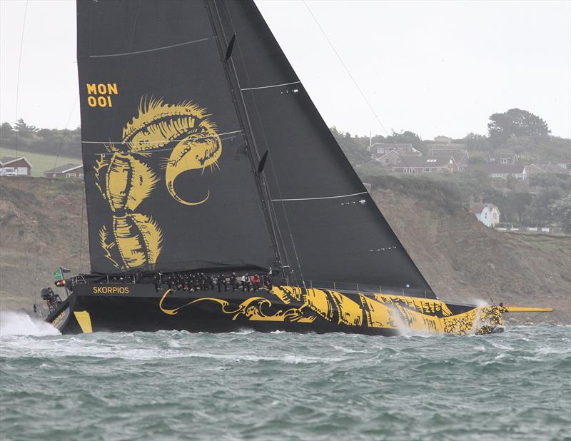 Skorpios passes Hurst Castle after the Rolex Fastnet Race start - photo © Mark Jardine