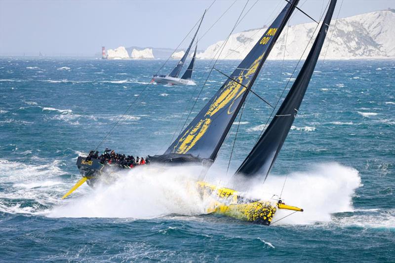 Dmitry Rybolovlev's ClubSwan 125 Skorpios and George David's Maxi Rambler 88 beating into the English Channel in the Rolex Fastnet Race - photo © Carlo Borlenghi / Rolex