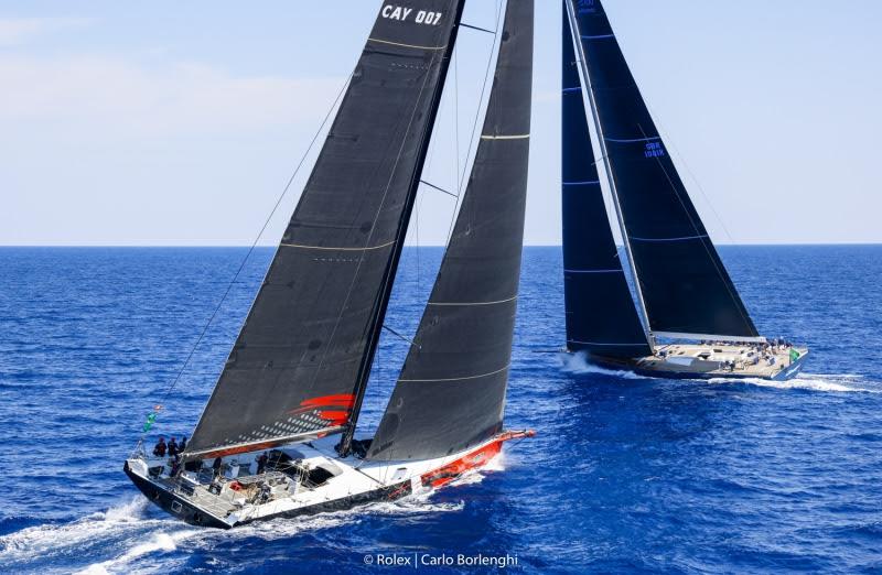 Comanche and Magic Carpet Cubed racing on day 1 of the Maxi Yacht Rolex Cup 2021 photo copyright Rolex / Studio Borlenghi taken at Yacht Club Costa Smeralda and featuring the Maxi class