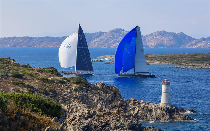 Two Supermaxis glide through the scenic beauty of the Maddalena Archipelago on day 3 of the Maxi Yacht Rolex Cup 2021 photo copyright Studio Borlenghi / Rolex taken at Yacht Club Costa Smeralda and featuring the Maxi class