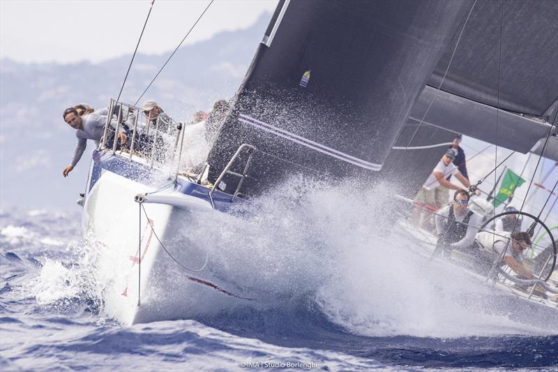 Wet ride in the lumpy conditions for today's Mini Maxi 1 winner, Proteus on day 4 of the Maxi Yacht Rolex Cup 2021 photo copyright IMA / Studio Borlenghi taken at Yacht Club Costa Smeralda and featuring the Maxi class
