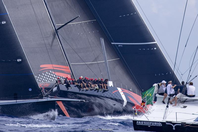 Comanche in the thick of the Maxi class action on day 4 of the Maxi Yacht Rolex Cup 2021 photo copyright IMA / Studio Borlenghi taken at Yacht Club Costa Smeralda and featuring the Maxi class