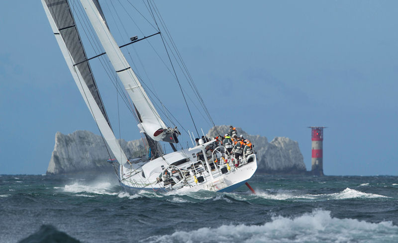 'Leopard' approaching the needles in the J.P. Morgan Asset Management Round the Island Race photo copyright onEdition taken at  and featuring the Maxi class