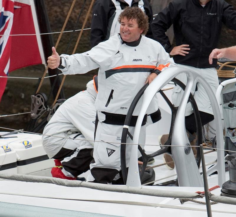 Chris Sherlock onboard superyacht Leopard 3 at the finish of the Sydney-Hobart race photo copyright Doyle Sails taken at  and featuring the Maxi class