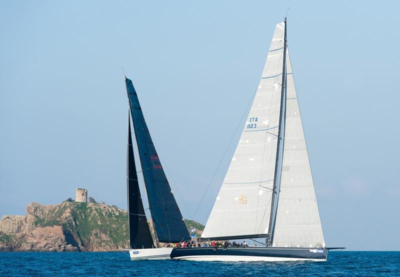 Vera crosses ahead of Pendragon VI en route to the 151 Miglia-Trofeo Cetilar finish line photo copyright Studio Taccola taken at Yacht Club Punta Ala and featuring the Maxi class