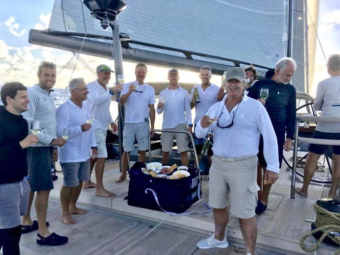 Celebrating their halfway crossing in the RORC Transatlantic Race on board My Song photo copyright My Song taken at Royal Ocean Racing Club and featuring the Maxi class