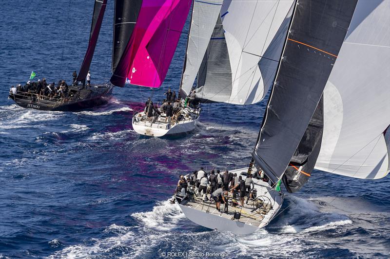 The lead trio of maxi racers, Jethou, Vesper and Caol Ila R, head on to the run - Rolex Capri Sailing Week photo copyright Rolex / Studio Borlenghi taken at Yacht Club Capri and featuring the Maxi class