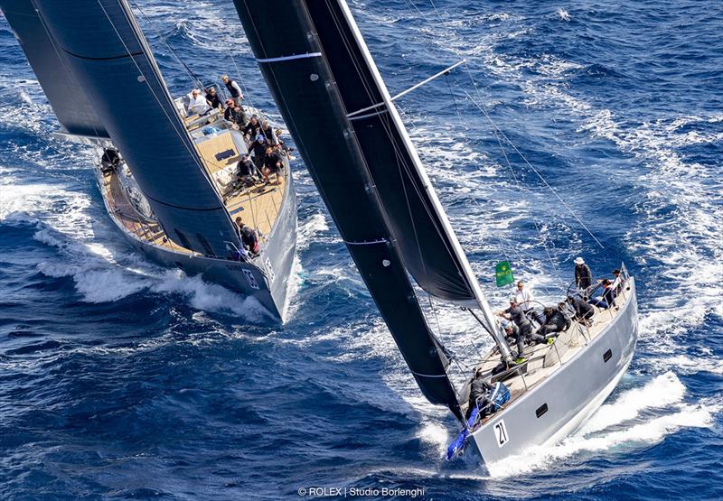 Benoît de Froidmont and his Wally 60 Wallyño leads Riccardo de Michele's H20 on to the run - Rolex Capri Sailing Week photo copyright Rolex / Studio Borlenghi taken at Yacht Club Capri and featuring the Maxi class