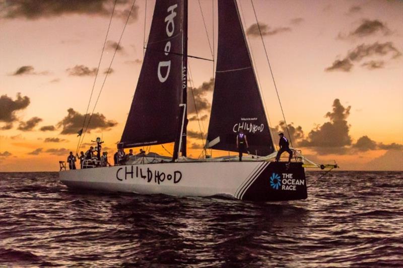 Swedish VO65 Childhood 1 crossing the finish line in the 2019 RORC Transatlantic Race photo copyright RORC / Arthur Daniel taken at Royal Ocean Racing Club and featuring the Maxi class