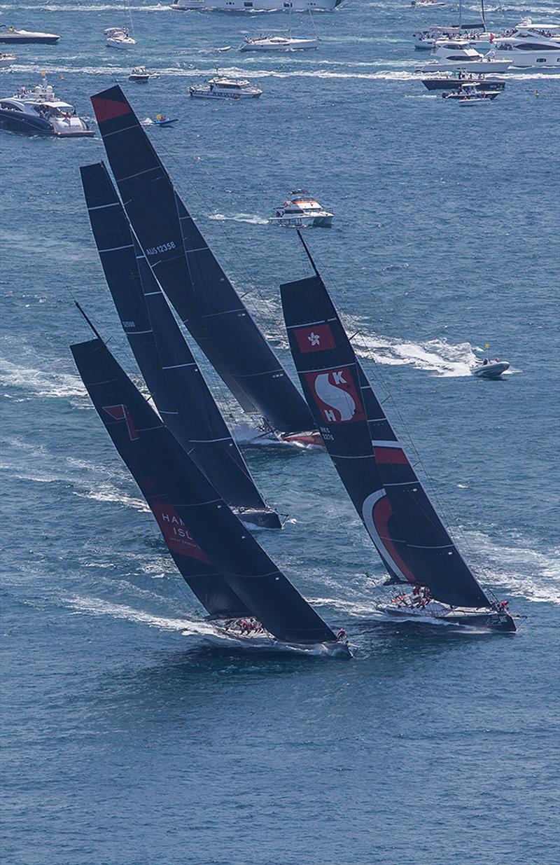 Both Wild Oats XI (Left) and Scallywag (Right) elected to have the one slab in for the beat out to sea photo copyright Crosbie Lorimer taken at Cruising Yacht Club of Australia and featuring the Maxi class