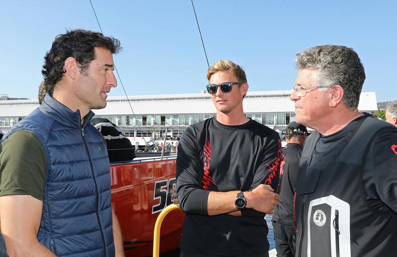 Mark Webber, Kyle Langford and Jim Cooney share stories photo copyright Crosbie Lorimer taken at Royal Yacht Club of Tasmania and featuring the Maxi class