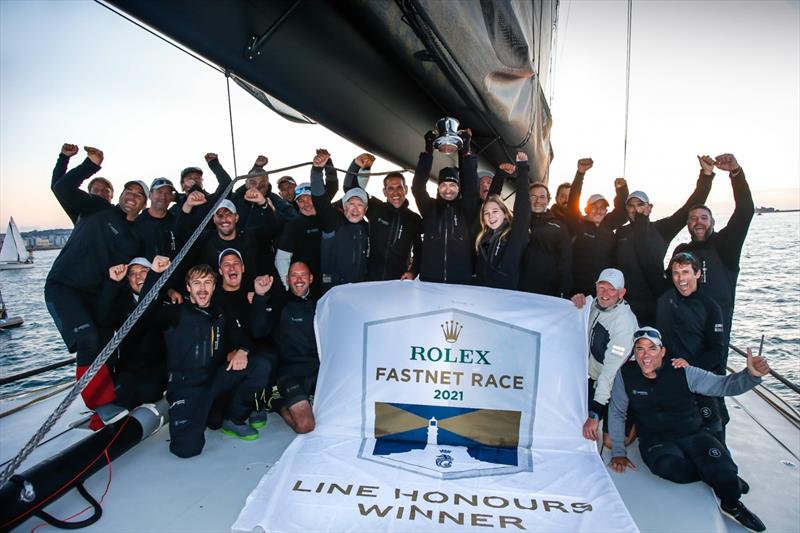 Winning crew celebrate aboard Dmitry Rybolovlev's ClubSwan 125 Skorpios, skippered by Fernando Echavarri after being first to finish the 2021 Rolex Fastnet Race - photo © Paul Wyeth / pwpictures.com