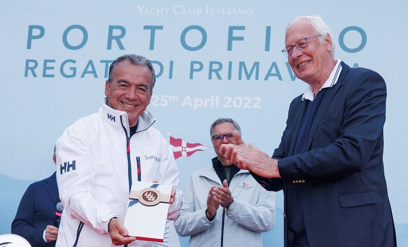 Twin Soul B's Luciano Gandini receives the trophy for the Best Placed IMA member at the Portofino Regate de Primavera from the IMA's Rob Weiland photo copyright IMA / Studio Borlenghi taken at Yacht Club Italiano and featuring the Maxi class