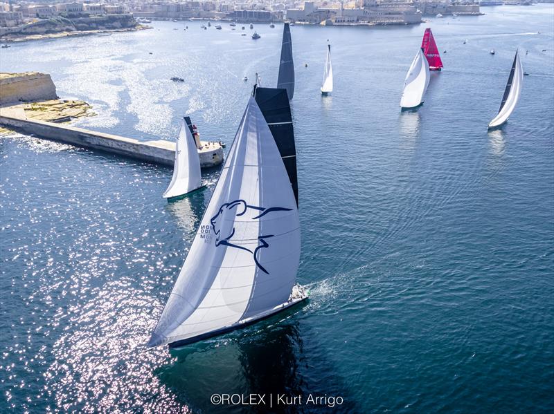 Leopard 3 starts the 2022 Rolex Middle Sea Race photo copyright Kurt Arrigo / Rolex taken at Royal Malta Yacht Club and featuring the Maxi class