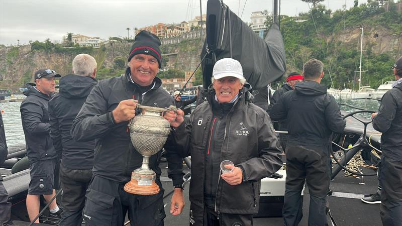 Jethou owner Sir Peter Ogden (right) with crewman Marc Blees and the trophy for the Regata dei Tre Golfi line honours winner photo copyright Rolex / Studio Borlenghi taken at Circolo del Remo e della Vela Italia and featuring the Maxi class