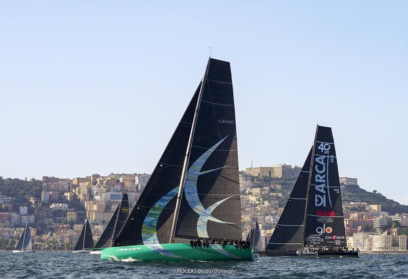 Jim Swartz's Maxi 72 Vesper lines up with the Regata dei Tre Golfi line honours favourite, Furio Benussi's Arca SGR at yesterday's start photo copyright Rolex / Studio Borlenghi taken at Circolo del Remo e della Vela Italia and featuring the Maxi class