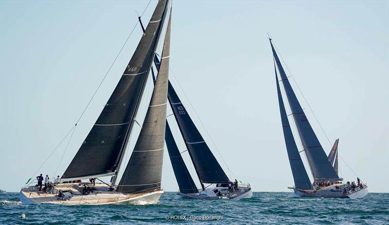 The Marten 72 Aragon, chartered to an Aussie, Anglo, Italian mixed crew skippered by Craig Clifford, leads H20 and Wallyño away from the start on Friday afternoon photo copyright Rolex / Carlo Borlenghi taken at Circolo del Remo e della Vela Italia and featuring the Maxi class