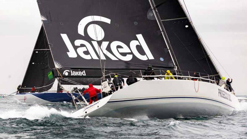 George Sakellaris' Proteus leads the 90ft Shockwave 3 Prosecco DOC around the weather mark photo copyright IMA / Studio Borlenghi taken at  and featuring the Maxi class