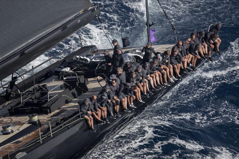 Crew tightly packed on the weather rail of the mighty 100 footer V - Les Voiles de Saint-Tropez 2023 Day 3 photo copyright Gilles Martin-Raget taken at Société Nautique de Saint-Tropez and featuring the Maxi class