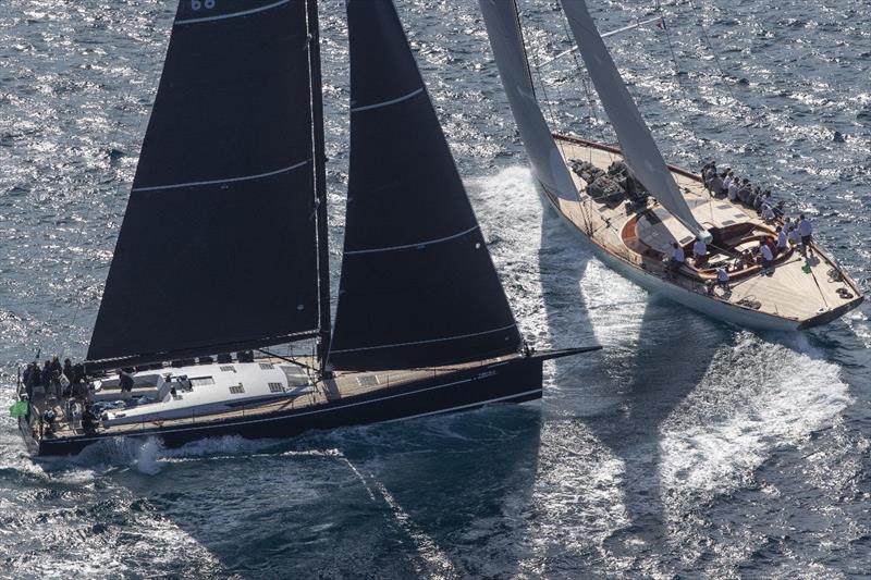 The magnificent Spirit Yachts 111 modern classic Geist crosses ahead of the Vismara 68 Pelotari - Les Voiles de Saint-Tropez 2023 Day 3 - photo © Gilles Martin-Raget