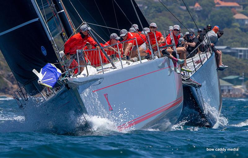 Wild Oats X leads Alive photo copyright Bow Caddy Media taken at Cruising Yacht Club of Australia and featuring the Maxi class