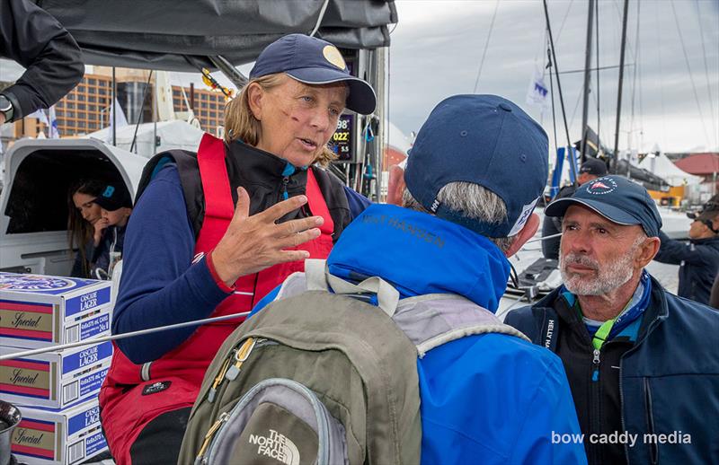 Adrienne Cahalan and Duncan Hine in Hobart with Alive being the clubhouse leader under IRC Overall photo copyright Bow Caddy Media taken at Cruising Yacht Club of Australia and featuring the Maxi class