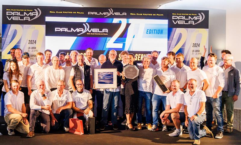 Hat-trick! David M Leuschen with his winning Galateia crew at tonight's prize-giving - photo © Nico Martinez/PalmaVela