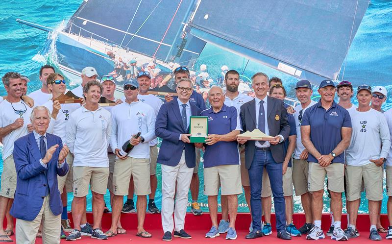 Hap Fauth and the Bella Mente crew receive their prizes for winning the third  IMA Maxi European Championship photo copyright IMA / Studio Borlenghi taken at Circolo del Remo e della Vela Italia and featuring the Maxi class