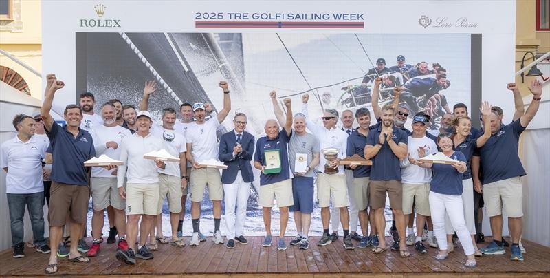 Hap Fauth, Terry Hutchinson and the winner Bella Mente crew at tonight's prizegiving in Sorrento - IMA Maxi European Championship 2025 - photo © IMA / Studio Borlenghi 