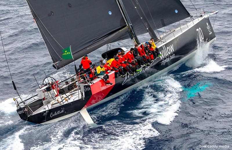 Sam Haynes at the wheel of Celestial V70 photo copyright Bow Caddy Media taken at Cruising Yacht Club of Australia and featuring the Maxi class