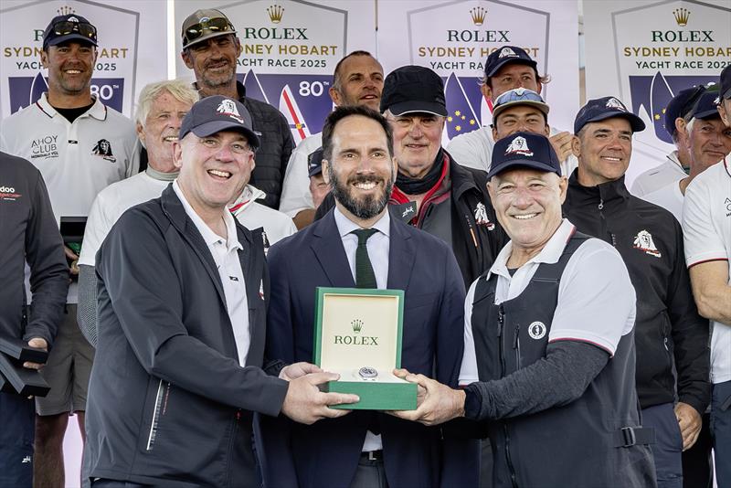 Matt Allen, Eduardo Maclean, Managing Director Rolex Australia and James Mayo. Prizegiving photo copyright Rolex / Kurt Arrigo taken at Cruising Yacht Club of Australia and featuring the Maxi class