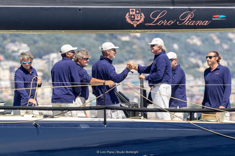 Paul Cayard and Pier Luigi Loro Piana congratulate one another upon finished aboard My Song - photo © Loro Piana / Studio Borlenghi
