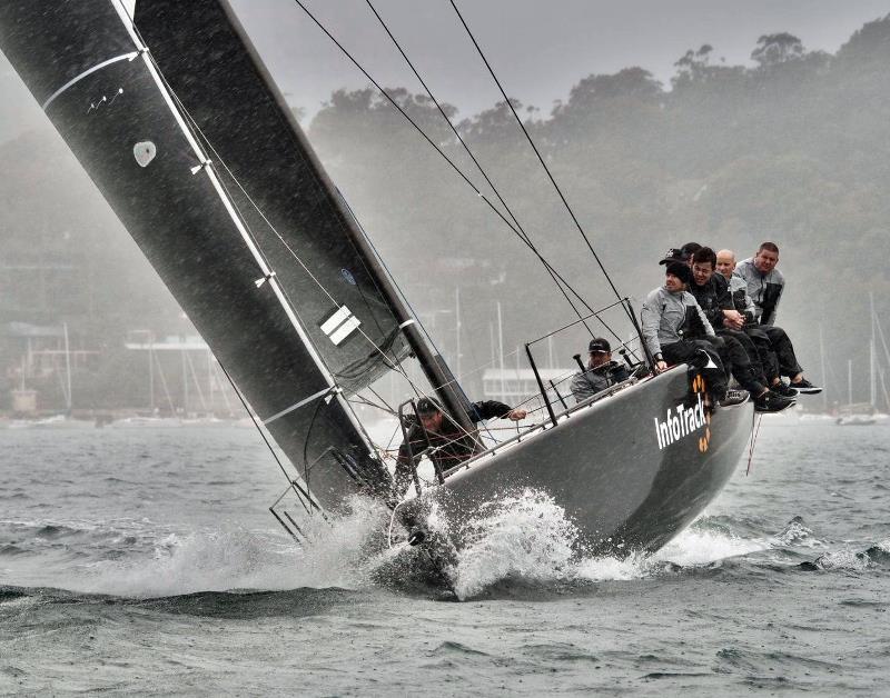 Act 3 third InfoTrack in heavy rain on Pittwater photo copyright Tilly Lock Media taken at Royal Prince Alfred Yacht Club and featuring the MC38 class