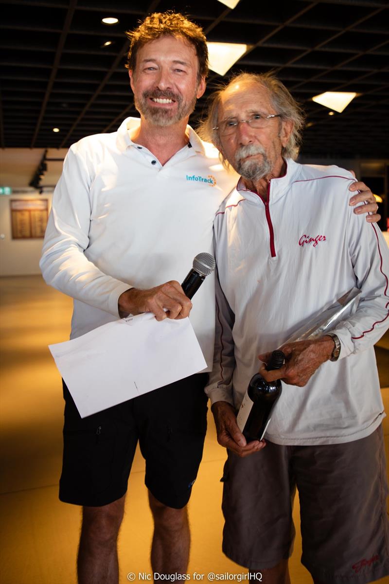 Christian Beck congratulating Leslie Green - 2023 MC38 Series, Act 1 Day 2 photo copyright Nic Douglass @sailorgirlHQ taken at Cruising Yacht Club of Australia and featuring the MC38 class