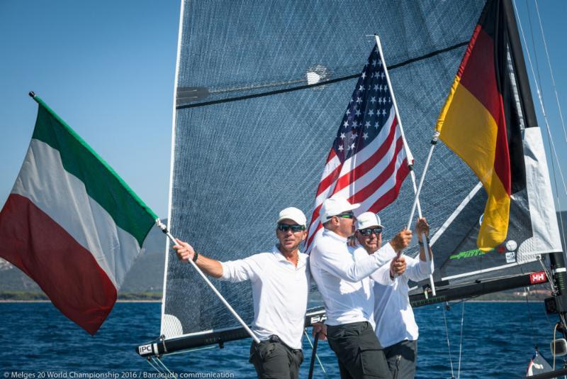 The 2016 Melges 20 World Champion is Pinta (L-R Federico Michetti, Michael Illbruck, John Kostecki) photo copyright Barracuda Communication taken at Club Nautico Scarlino and featuring the Melges 20 class