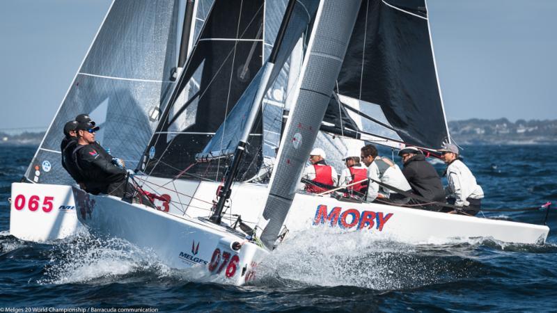 Daniel Thielman's KUAI (USA-7676) charges the windward mark ahead  of Caleb Armstrong's MOBY (USA-213) and Alessandro Rombelli's STIG (ITA-65) on day 2 of the Melges 20 Worlds at Newport, R.I. - photo © Melges 20 World Championship / Barracuda communication